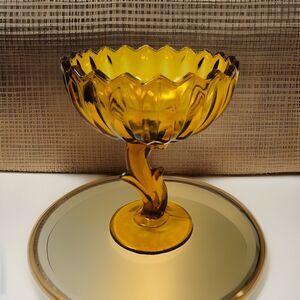 Vintage 70’s Indiana Amber Glass Lotus Pedestal Lily Tulip Compote Candy Dish
